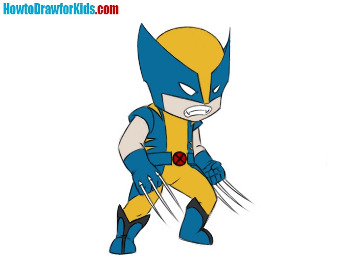 Drawing of Wolverine in a yellow-blue suit