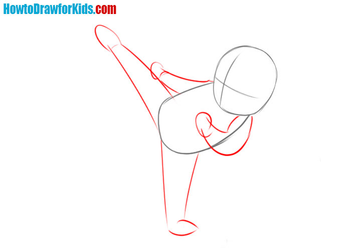 Draw the legs and arms of the karateka