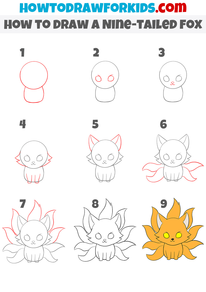 how to draw a Nine tailed fox step by step