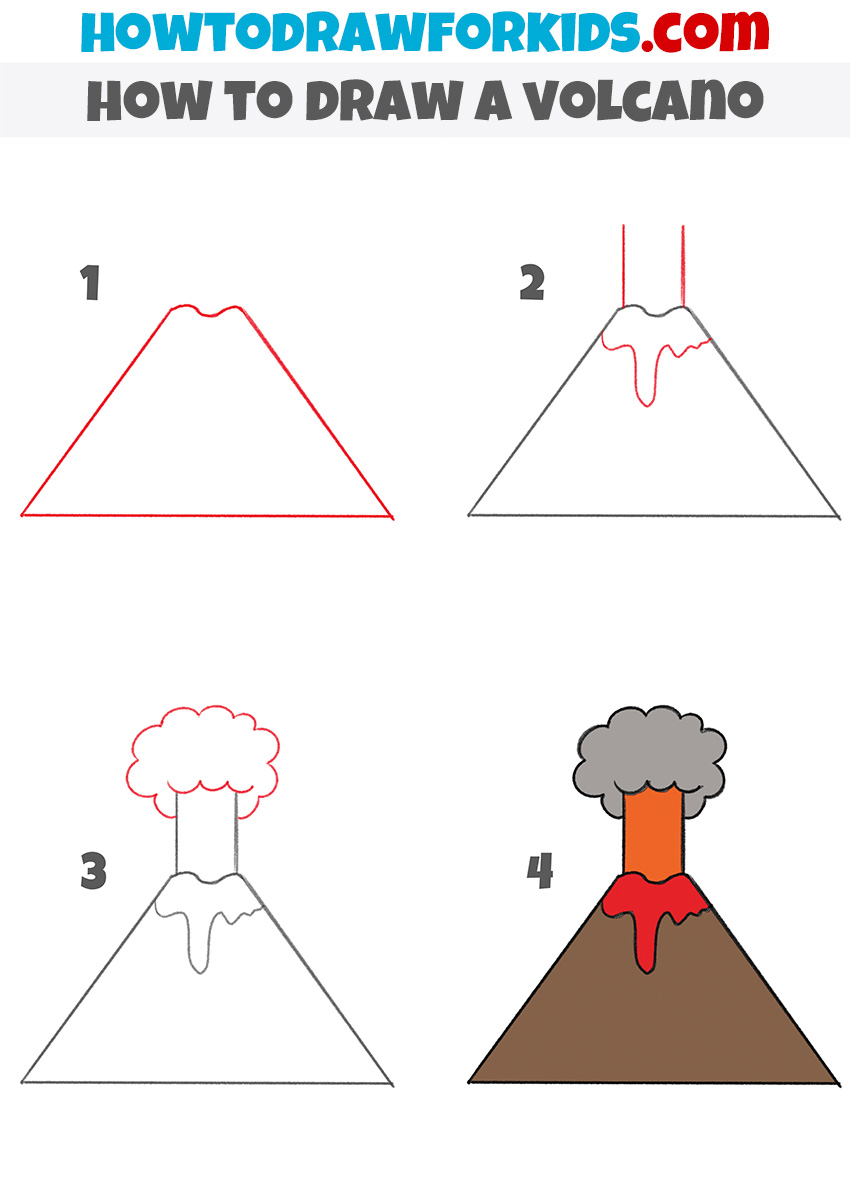 how to draw a volcano step by step