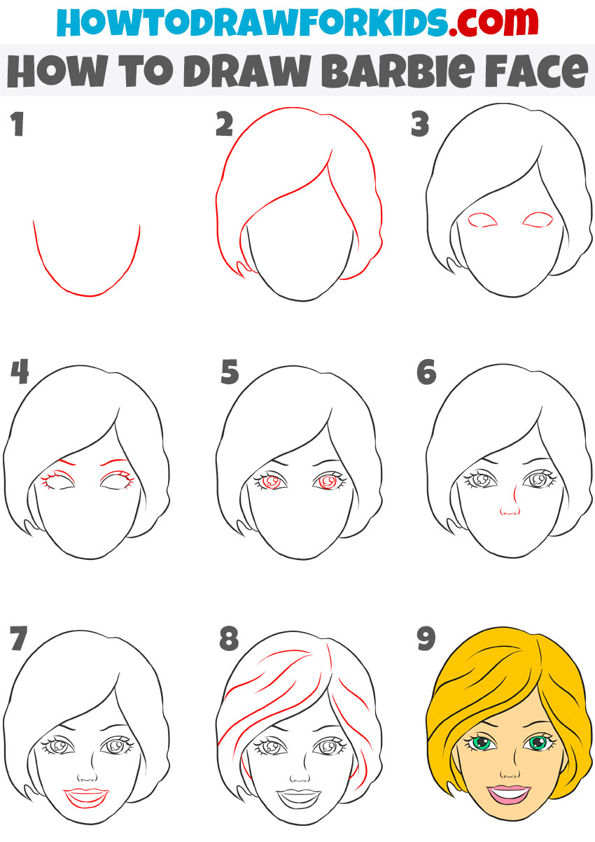 How to draw barbie face step by step