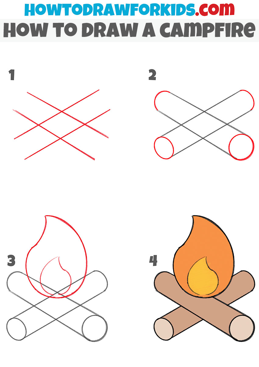 how to draw a campfire step by step for kids
