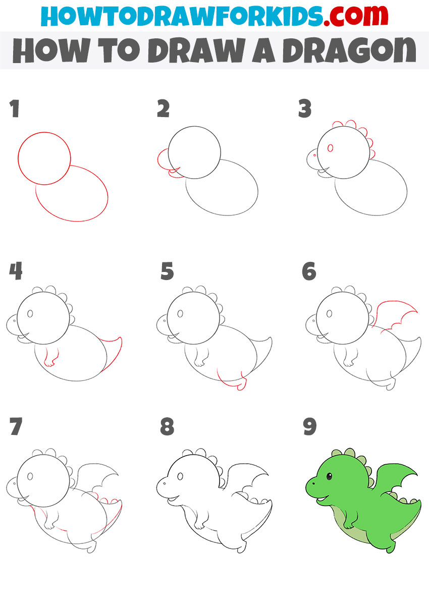 Easy How to Draw a Dragon Sitting Tutorial, Dragon Coloring Page