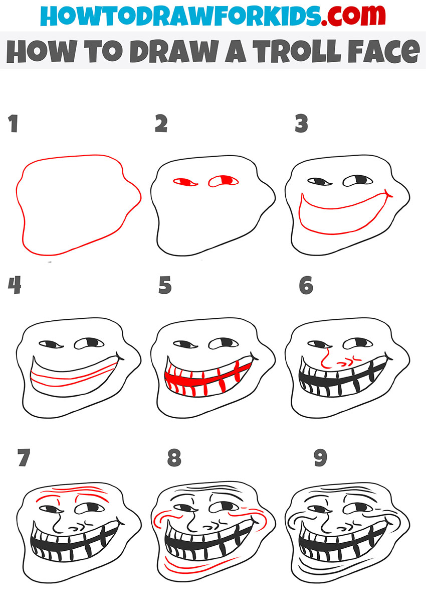 how to draw a troll face stepp by step