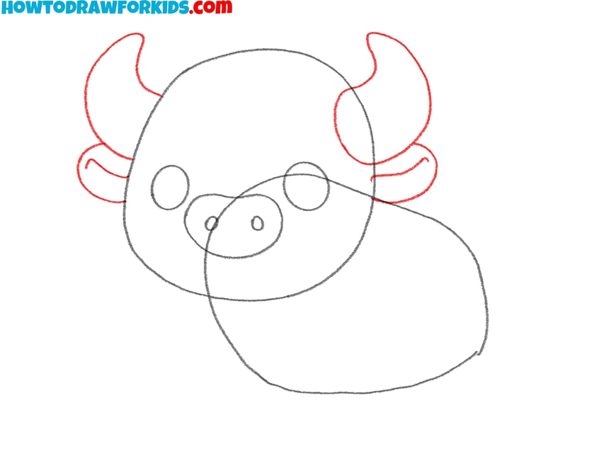 Draw the buffalo’s horns and ears