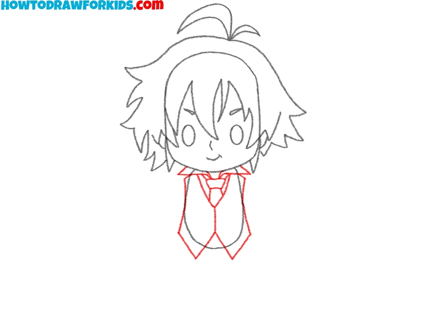 Sketch the vest, collar, and tie