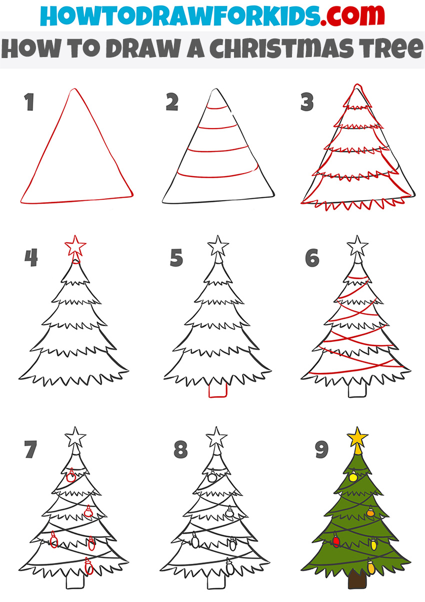 how to draw a Christmas tree step by step