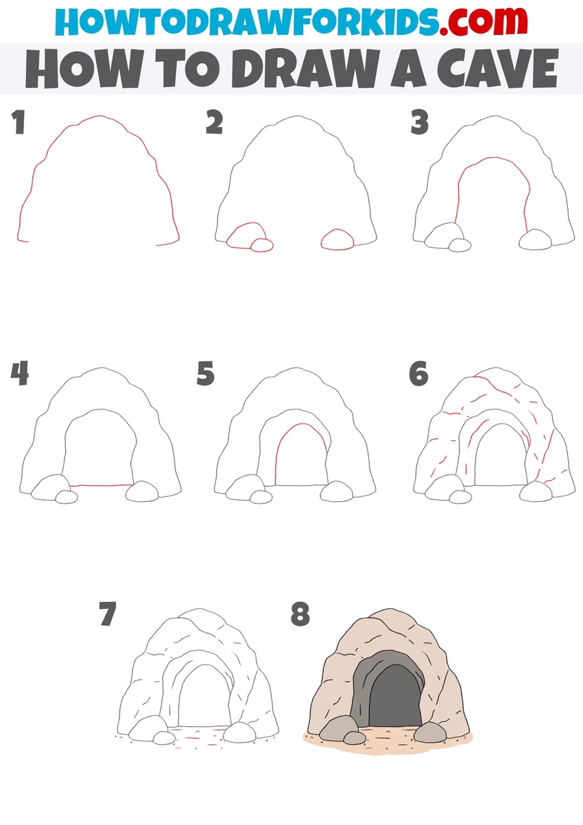 How to draw a cave step by step