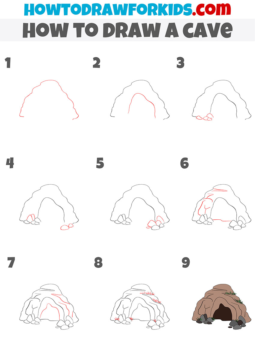 how to draw a cave step by step