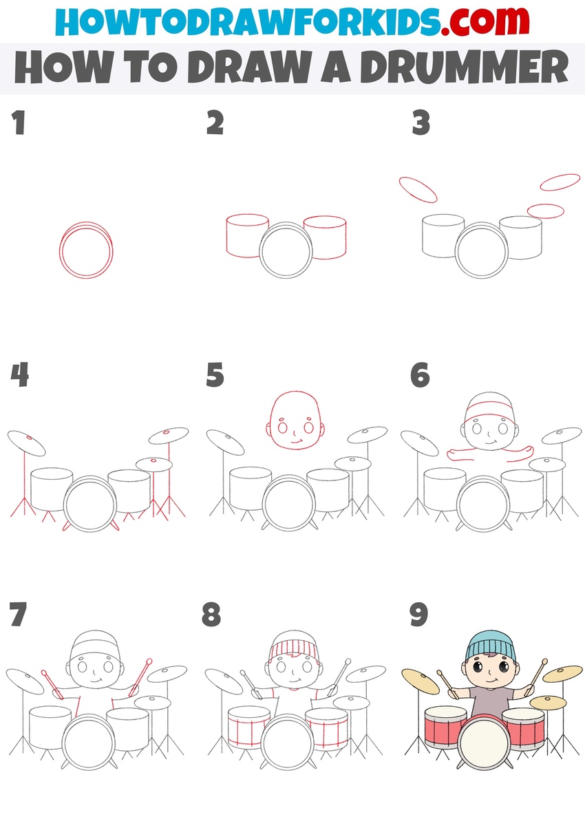 how to draw a drummer step by step