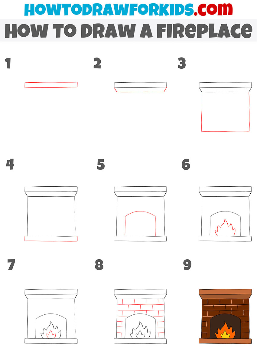 how to draw a fireplace step by step