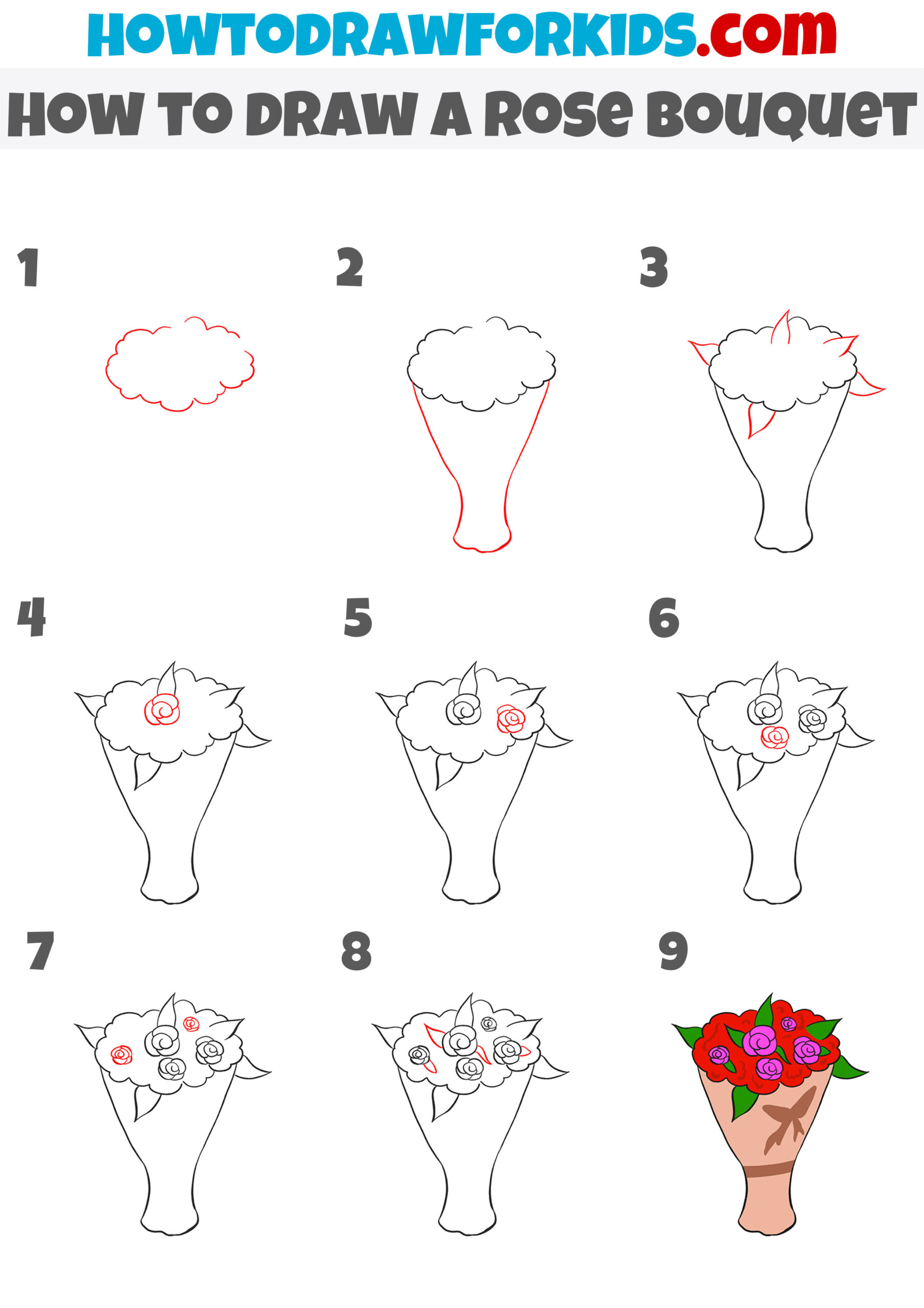 how to draw a rose bouquet step by step