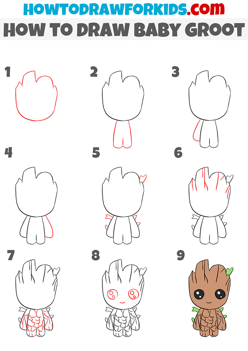 how to draw baby groot step by step