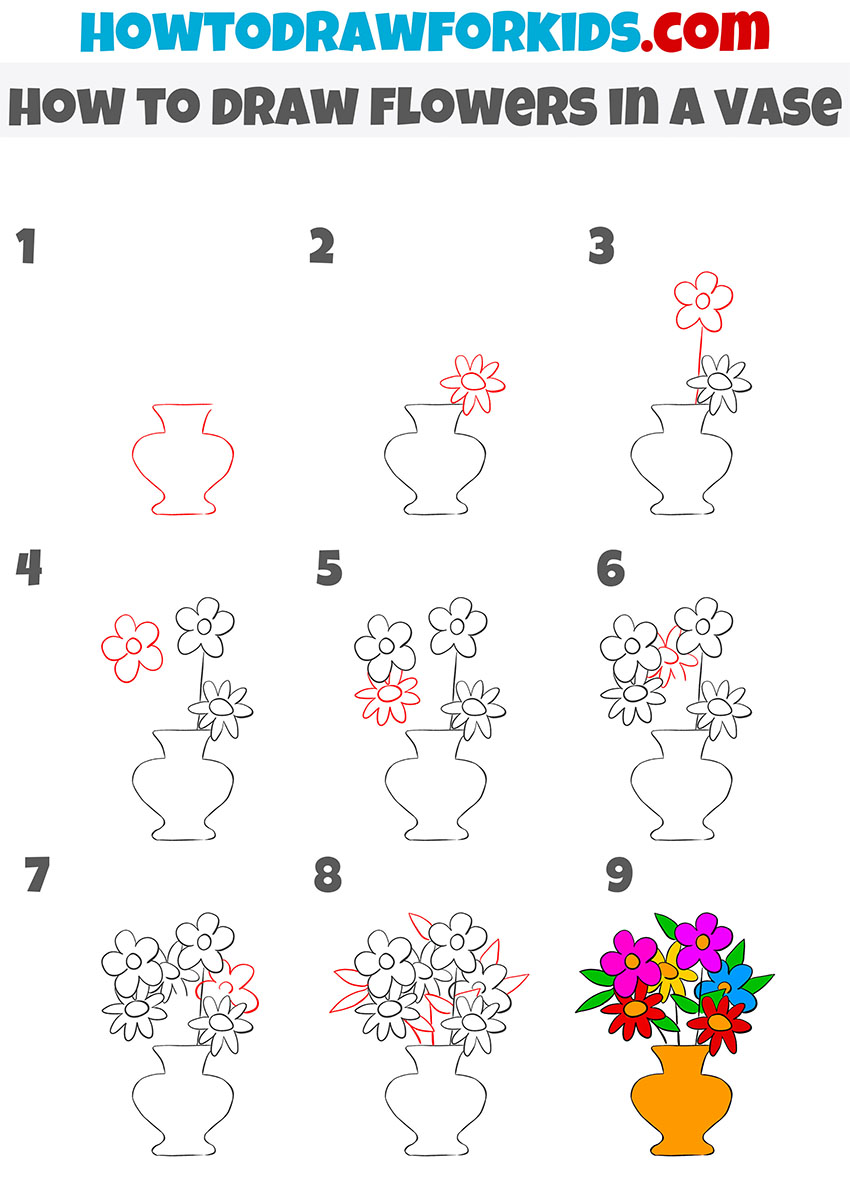 how to draw flowers in a vase step by step