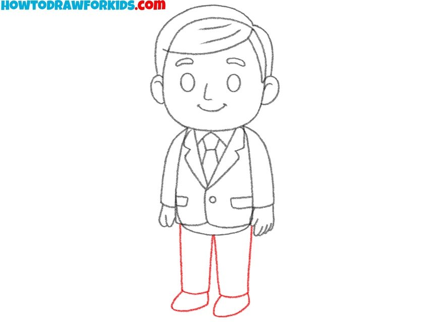 Draw the banker’s legs and shoes