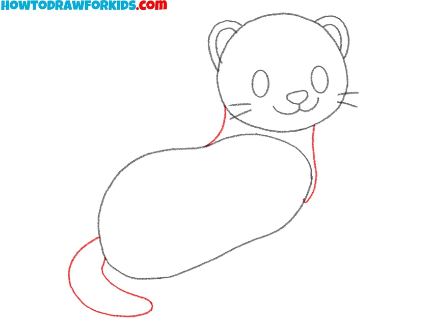 Draw the ferret’s neck and tail