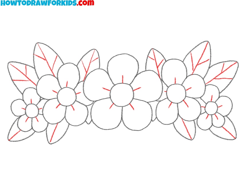 Draw the veins on the flower crown leaves