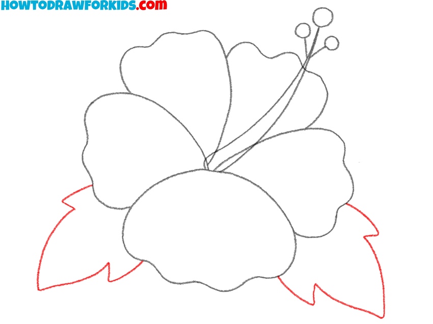 Draw two leaves under the Hawaiian flower