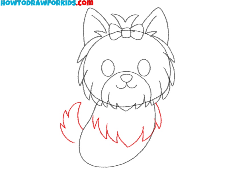 Draw the Yorkie’s tail and chest fur