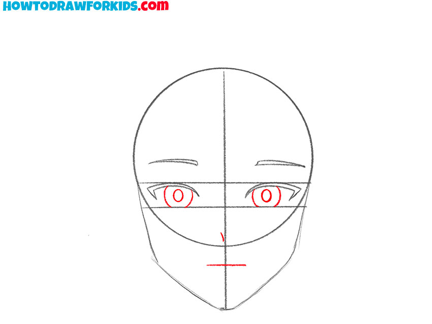 Sketch the irises, pupils, nose, and mouth
