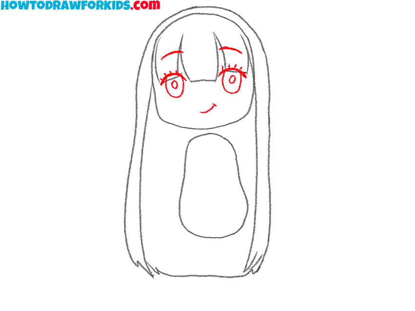 Sketch the large anime eyes, nose, and mouth