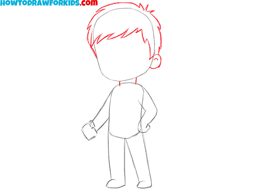 Outline the character’s hairstyle and ear