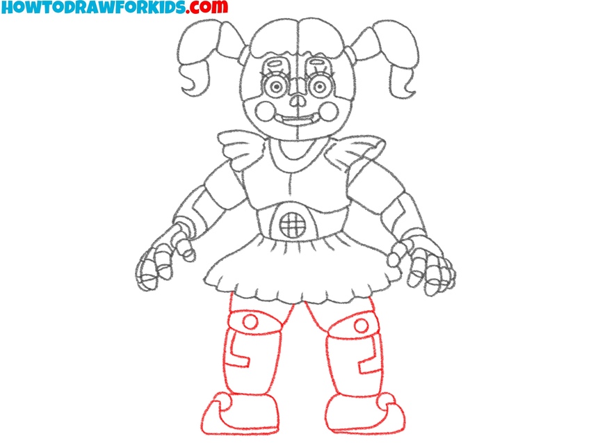 Sketch the lower limbs and rounded boots