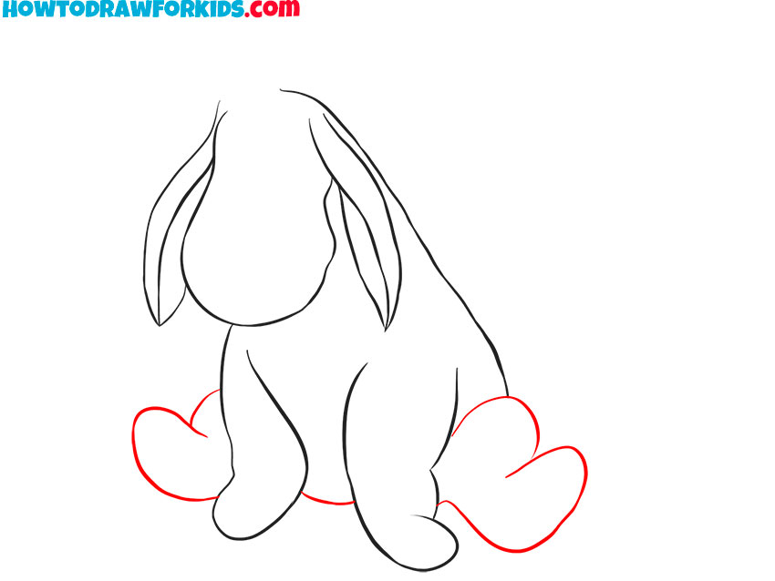 Sketch the back legs of the cartoon donkey
