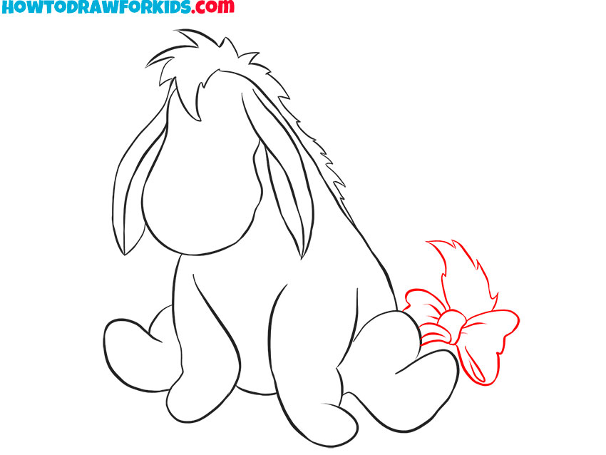 Sketch the donkey fluffy tail tuft and bow