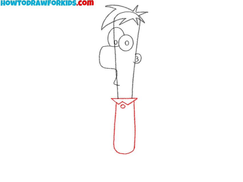 Draw the shirt collar and torso of Ferb