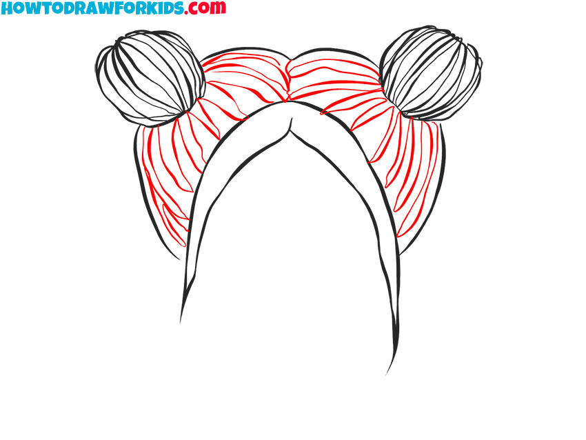 Draw the hair strands leading to the buns