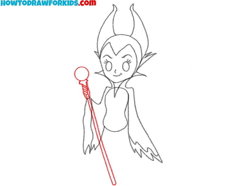 Draw Maleficent’s tall magic staff