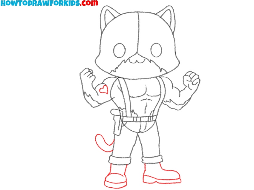 Sketch the tail, boots, and heart tattoo