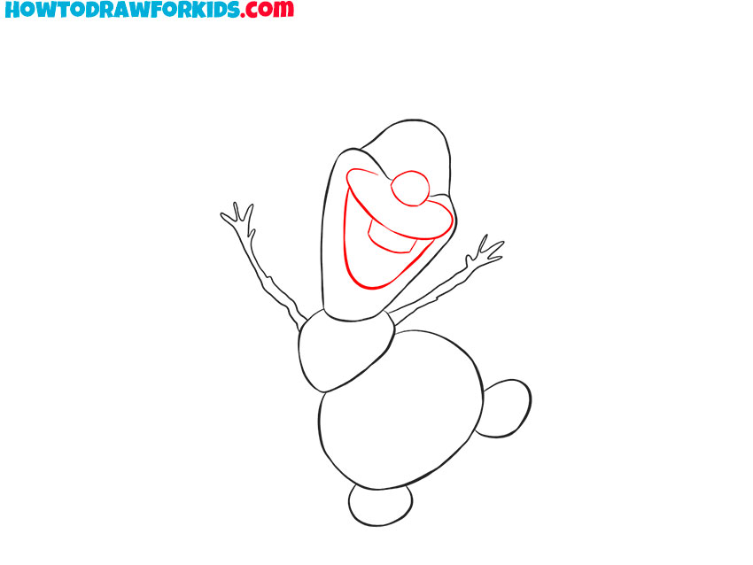 Draw the snowman mouth and nose