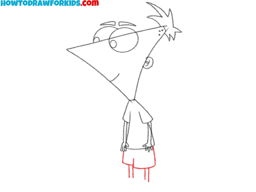 Sketch the shorts and long thin legs
