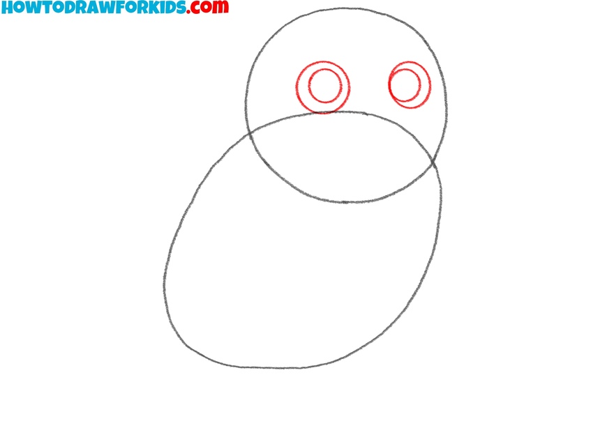 Draw the owl’s large eyes and pupils
