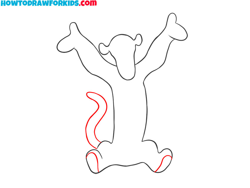 Sketch the tail and mark paw pads