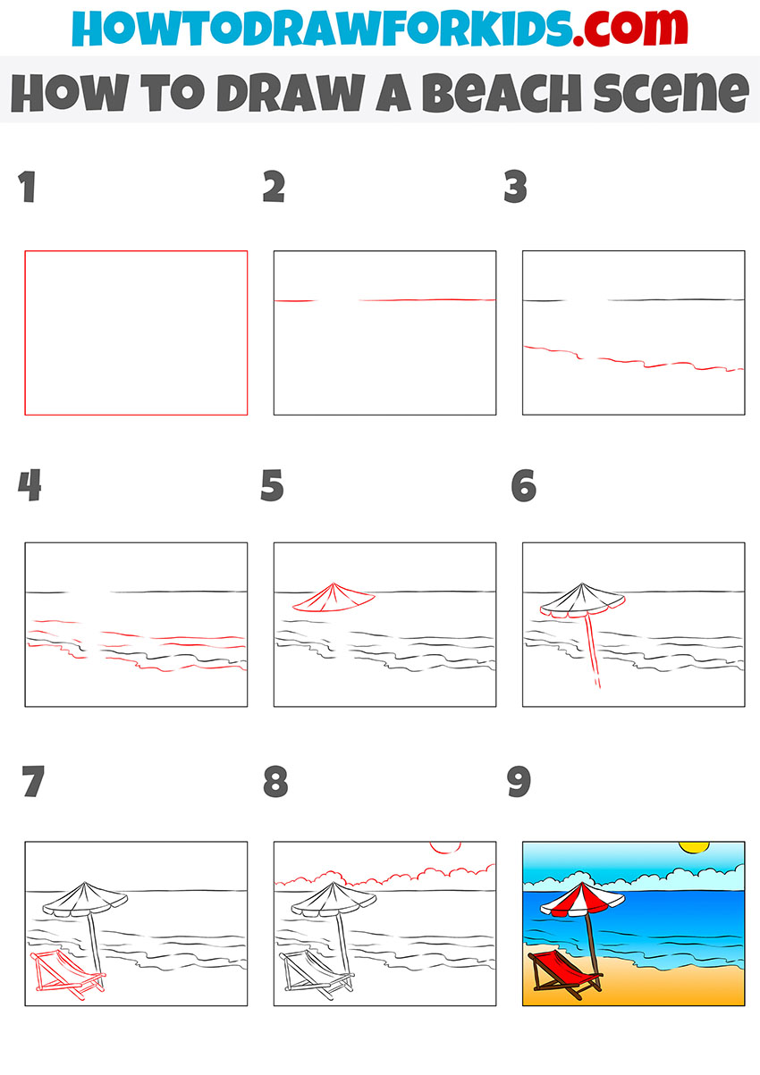 How to Draw a Cartoon Summer Beach Scene from the Word Hot – Easy Drawing  Tutorial for Kids | How to Draw Step by Step Drawing Tutorials