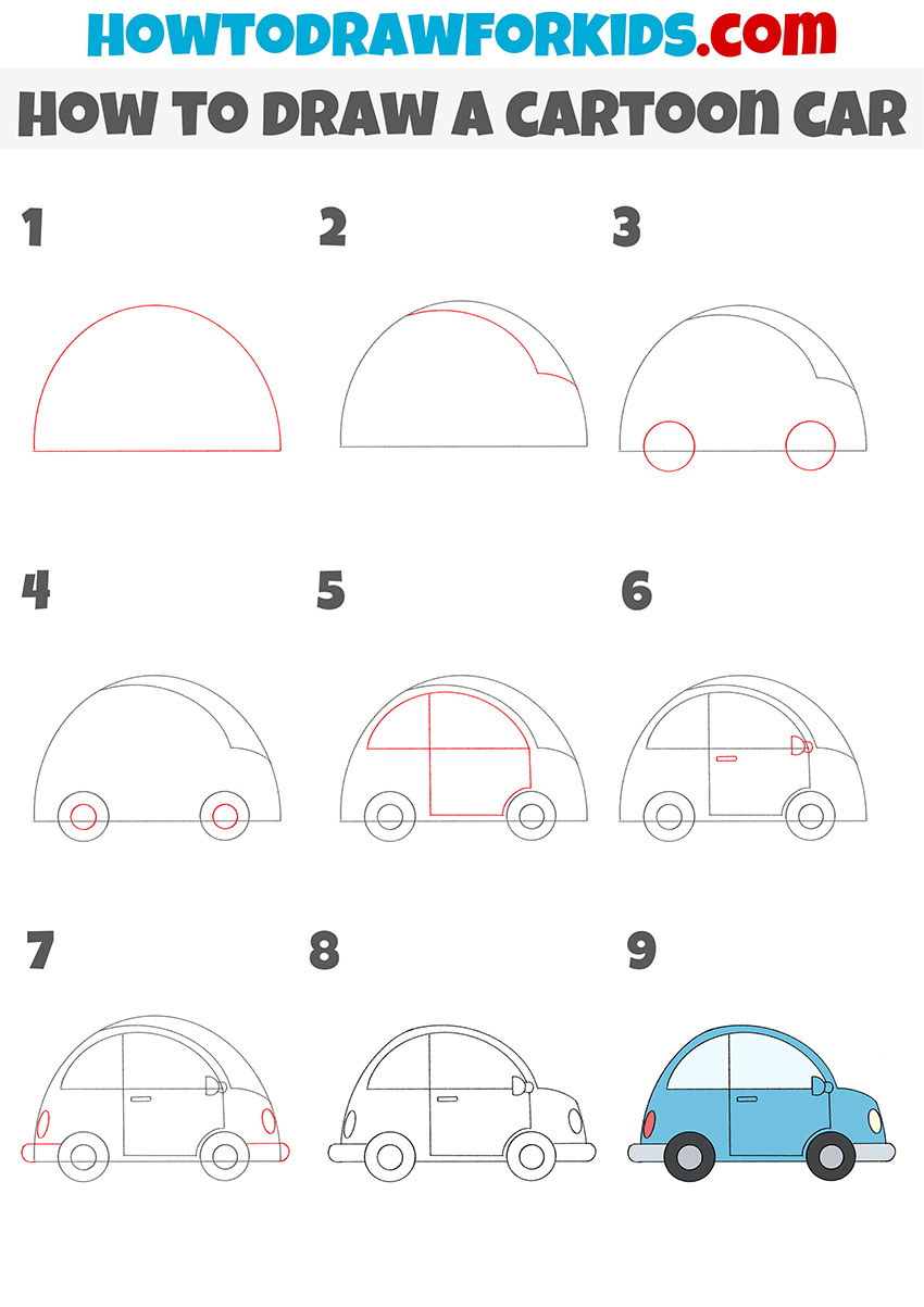 How to Draw a Cartoon Car Step by Step - Easy Drawing Tutorial For Kids