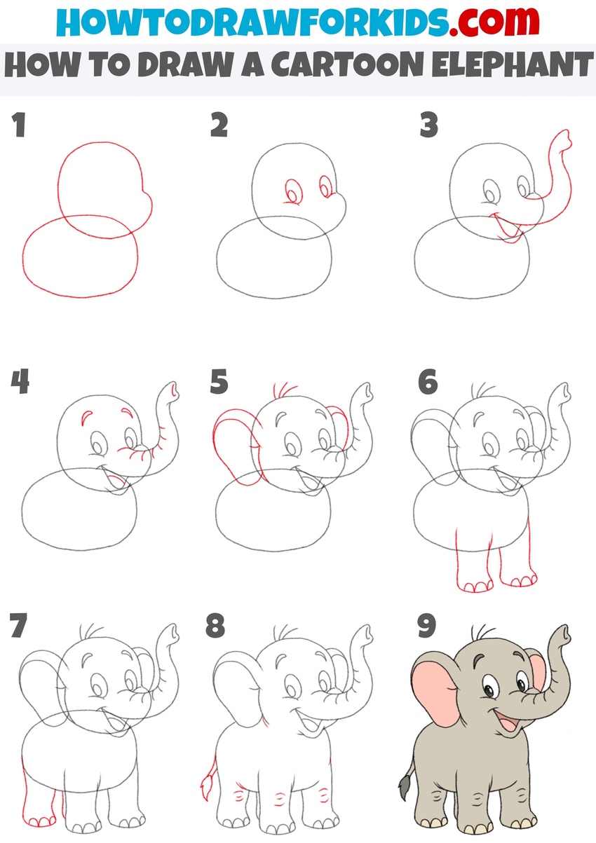 How to draw a cartoon elephant step by step