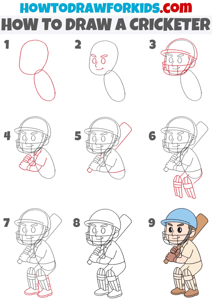 how to draw a cricket player step by step