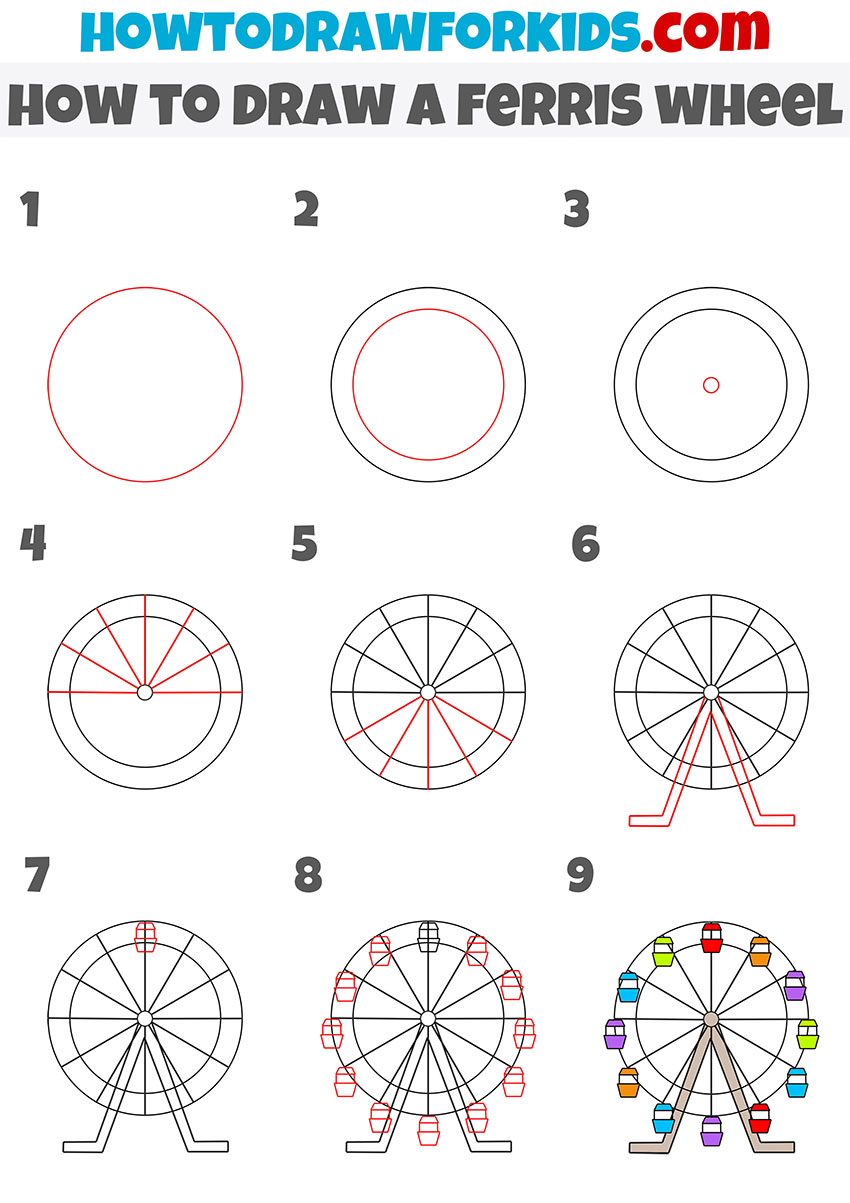 how to draw a ferris wheel step by step