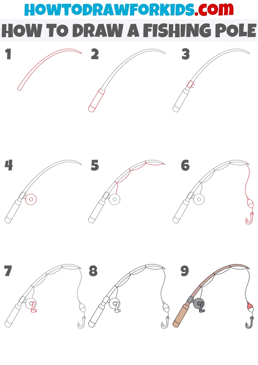 how to draw a fishing pole step by step