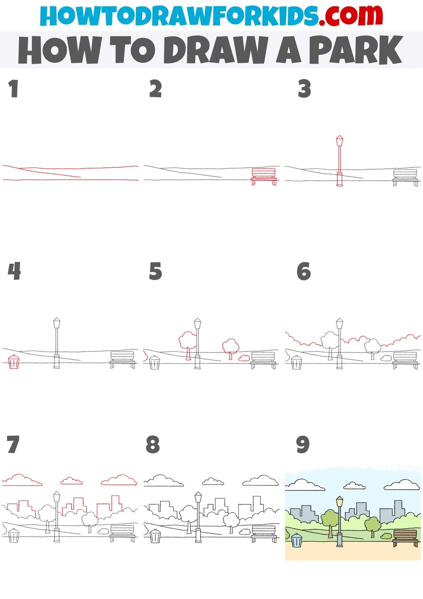how to draw a park step by step