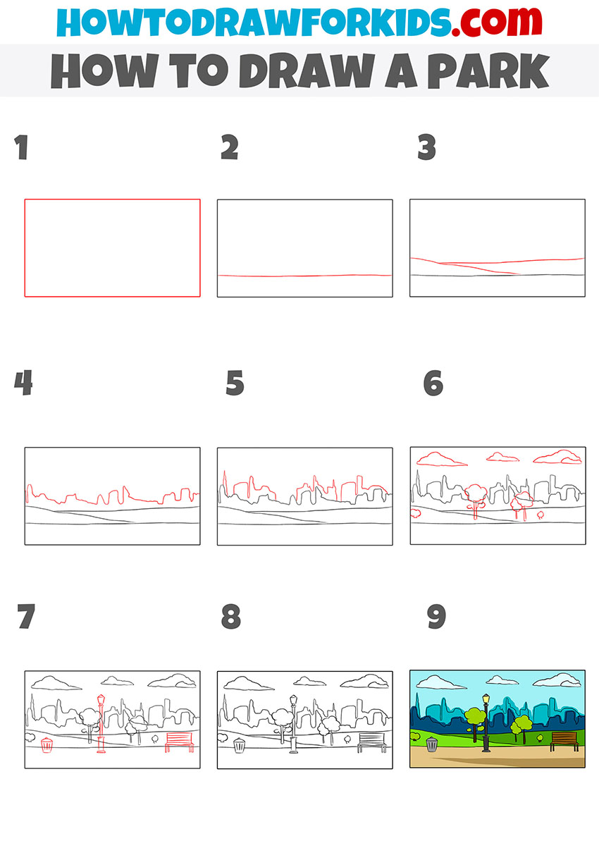 how to draw a park step by step