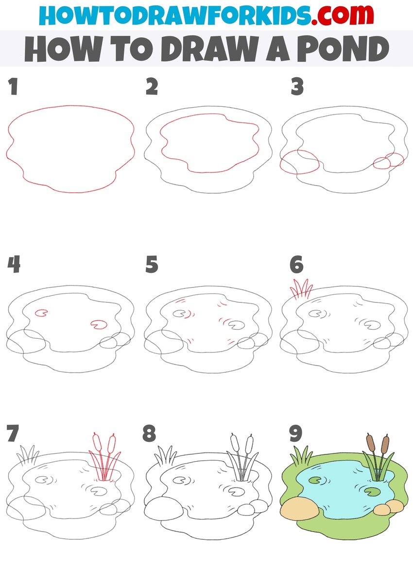 how to draw a pond step by step