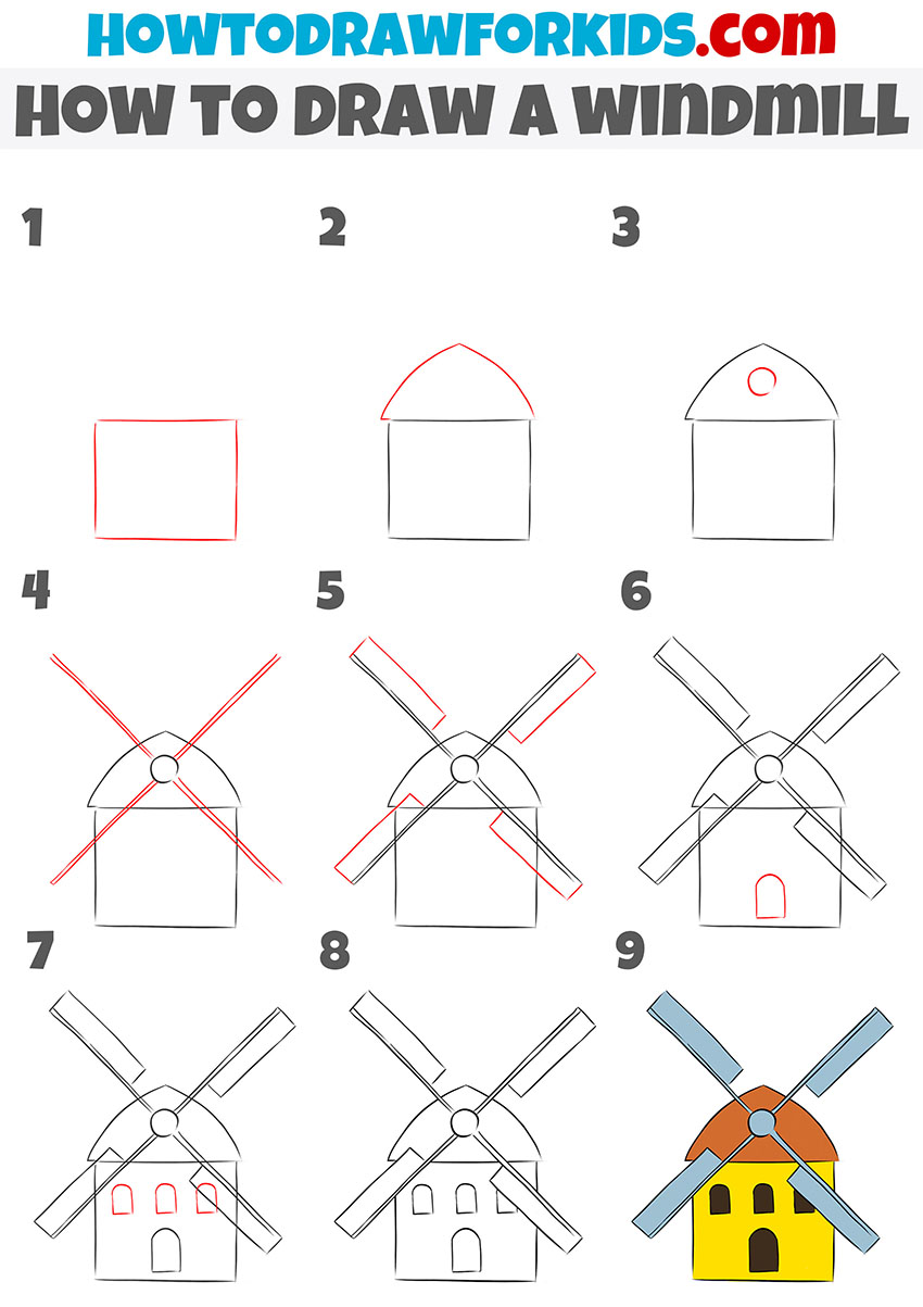 how to draw a windmill step by step