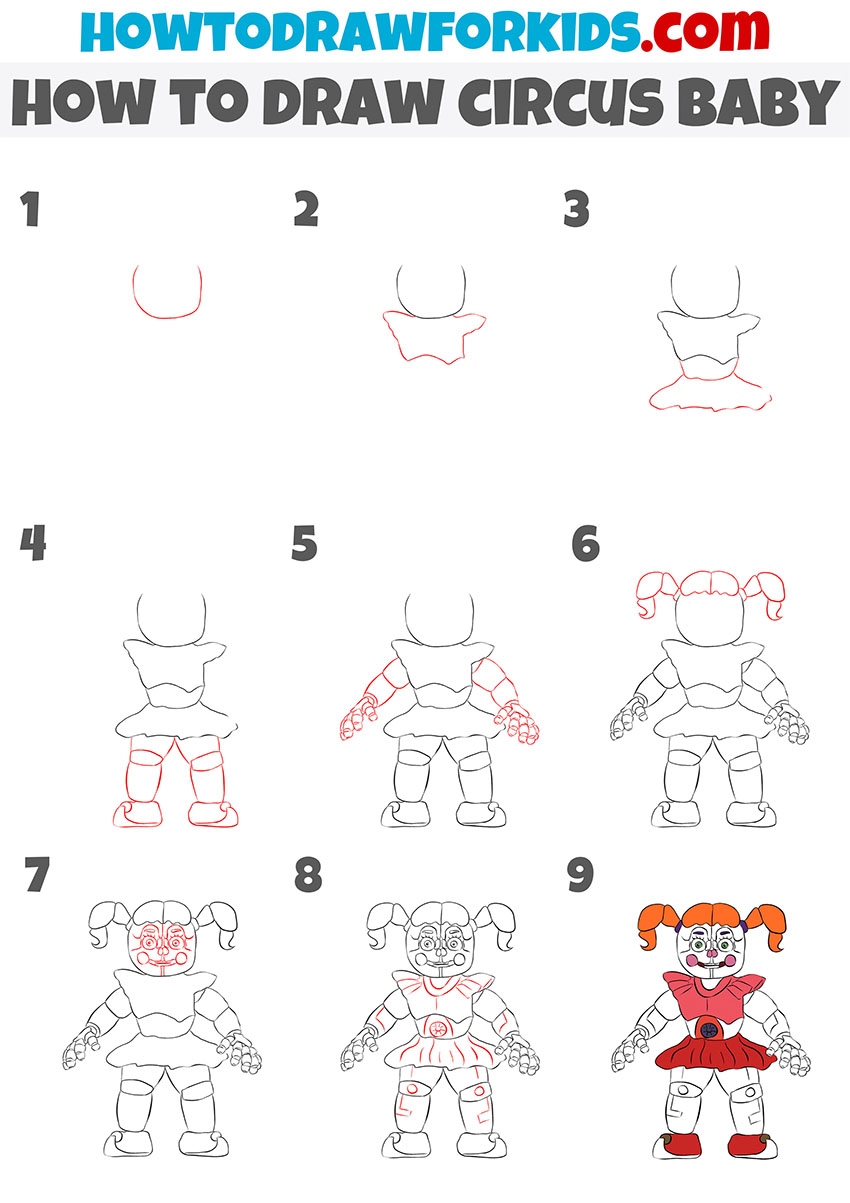how to draw circus baby step by step