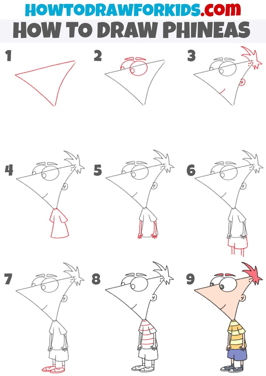 how to draw phineas step by step