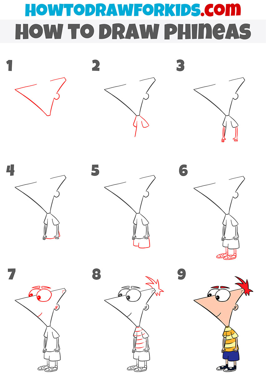 how to draw phineas step by step